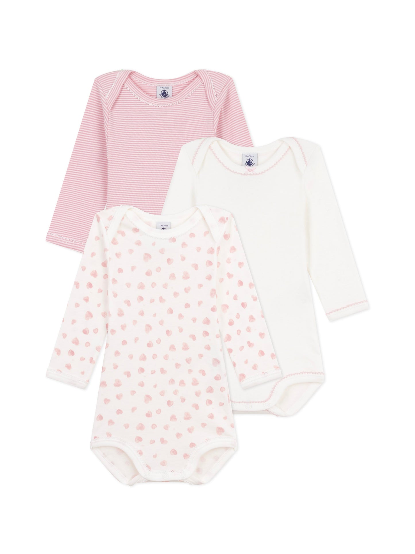 Petit Bateau - 3-pak body - Hvid/rosa/hjerter