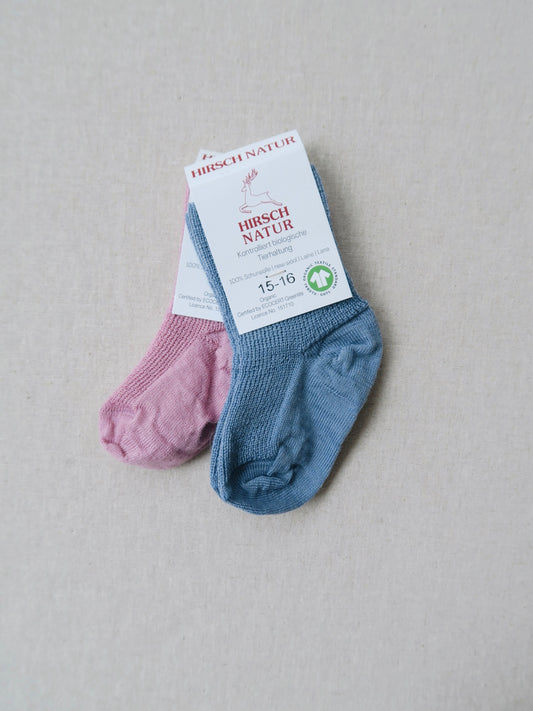 Hirsch - Fintstrikkede uldsokker - Himmelblå & Rosa