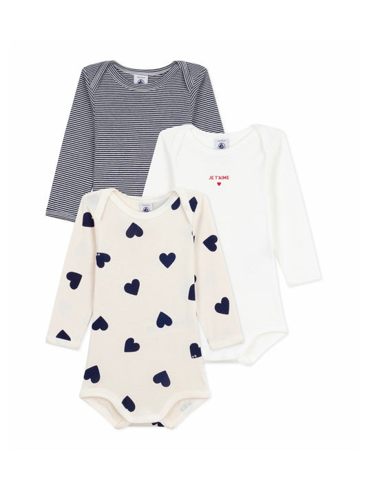 Petit Bateau - 3-pak body - Hvid/navy/hjerter