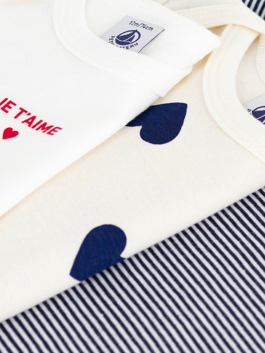 Petit Bateau - 3-pak body - Hvid/navy/hjerter