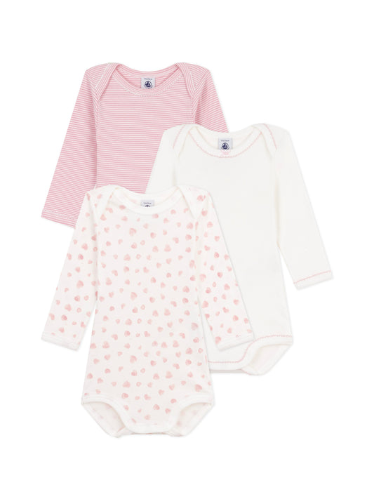 Petit Bateau - 3-pak body - Hvid/rosa/hjerter