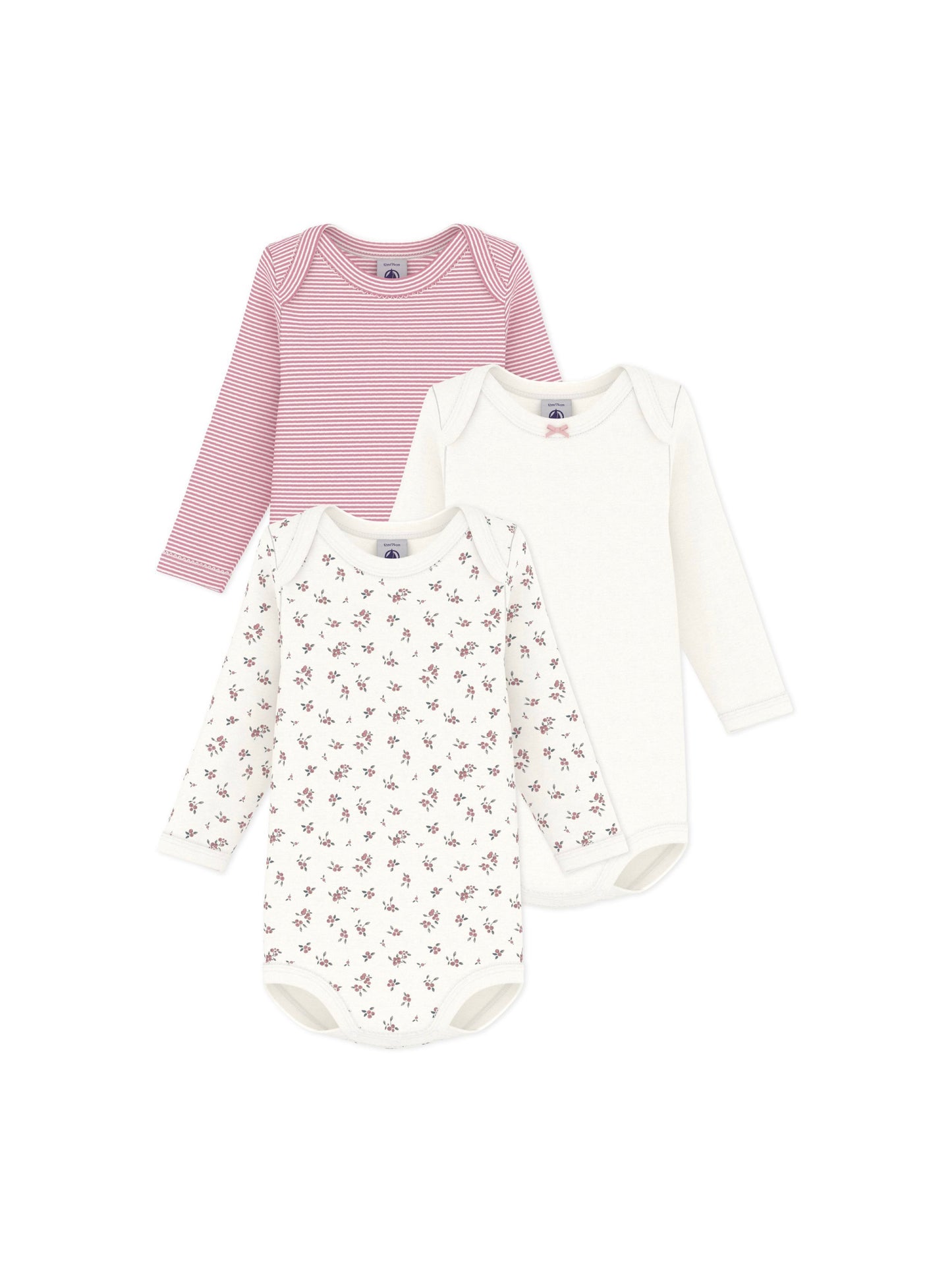 Petit Bateau - 3-pak body - Hvid/lyserød/blomstret