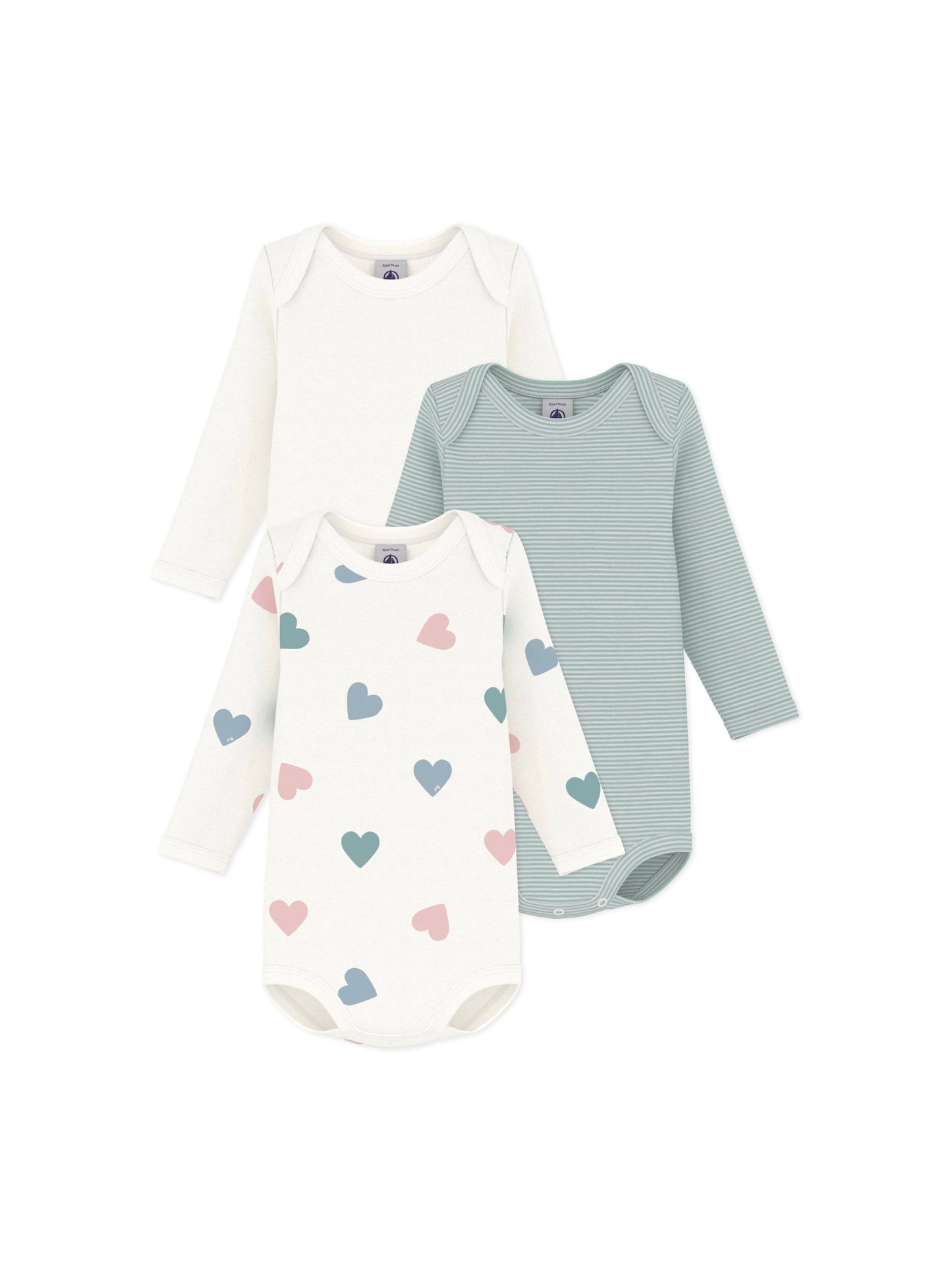Petit Bateau - 3-pak body - Hvid/stribet/hjerter